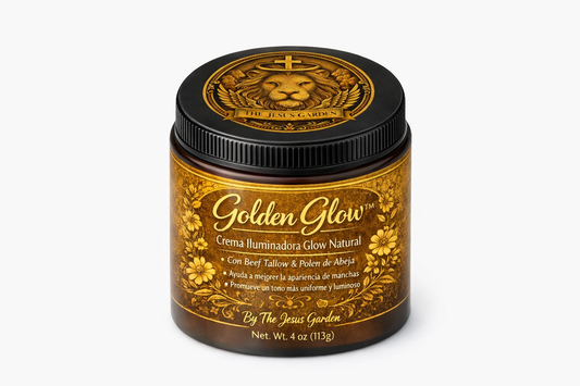 Jar of 'Golden Glow' cream with decorative label on a white background