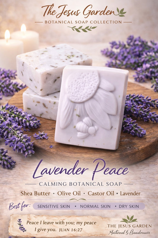 Lavender soap with floral design on a wooden board surrounded by lavender flowers, featuring 'The Jesus Garden' branding.
