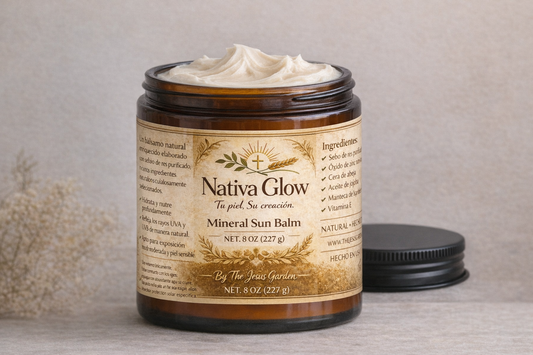 Nativa Glow Mineral Sun Balm jar on a neutral background