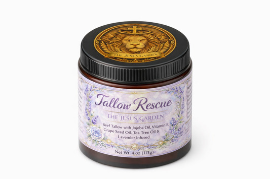 Tallow Rescue jar with decorative label on a white background