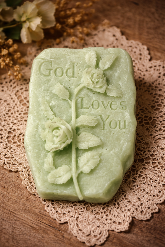 Green soap bar with floral designs and 'God Loves You' text on a lace doily.